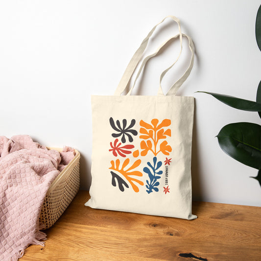 Abstract Botanical Print Tote Bag – Midcentury Leaf Cotton Canvas Reusable Shopper
